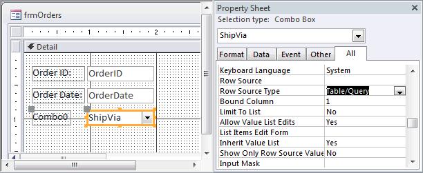Thuộc tính Row Source Type | Cách tạo Combo Box trong Access